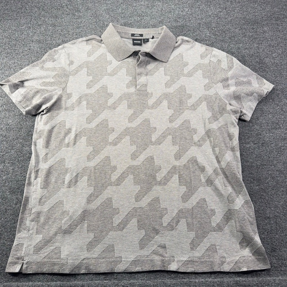 Hugo Boss Polo Shirt Mens XXL Slim Fit Mercerized Cotton Grey Houndstooth SS